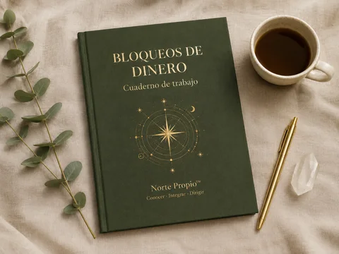 Cuaderno verde Bloqueos de Dinero junto a una taza de café