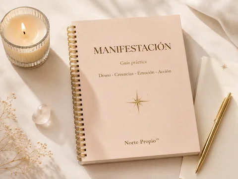 Guía Manifestación en un cuaderno de espiral rosado con una vela