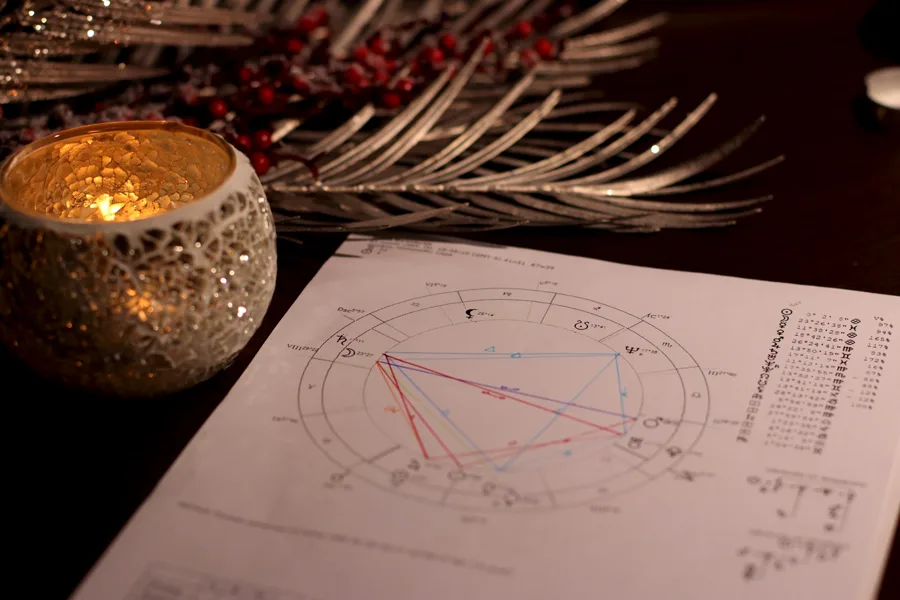 Una vela y una carta natal dibujada a mano sobre una mesa oscura, junto a ramas plateadas